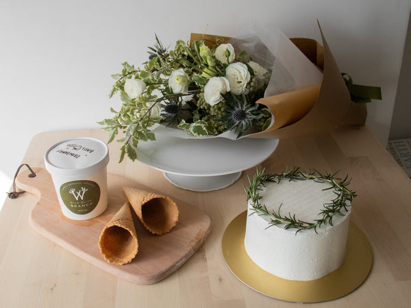 Deluxe Stay Home Cake Bundle (Fresh Flowers)